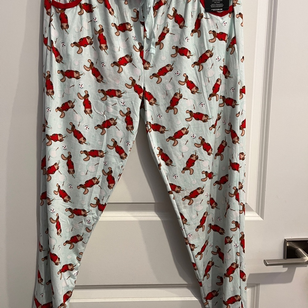 Red and light green Dachshund and snowman Print Pajama Pants